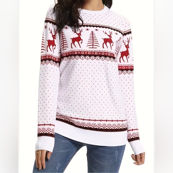 Aibrou Christmas Sweater knitting white/ red festive holiday party ugly sweater - Picture 1 of 16